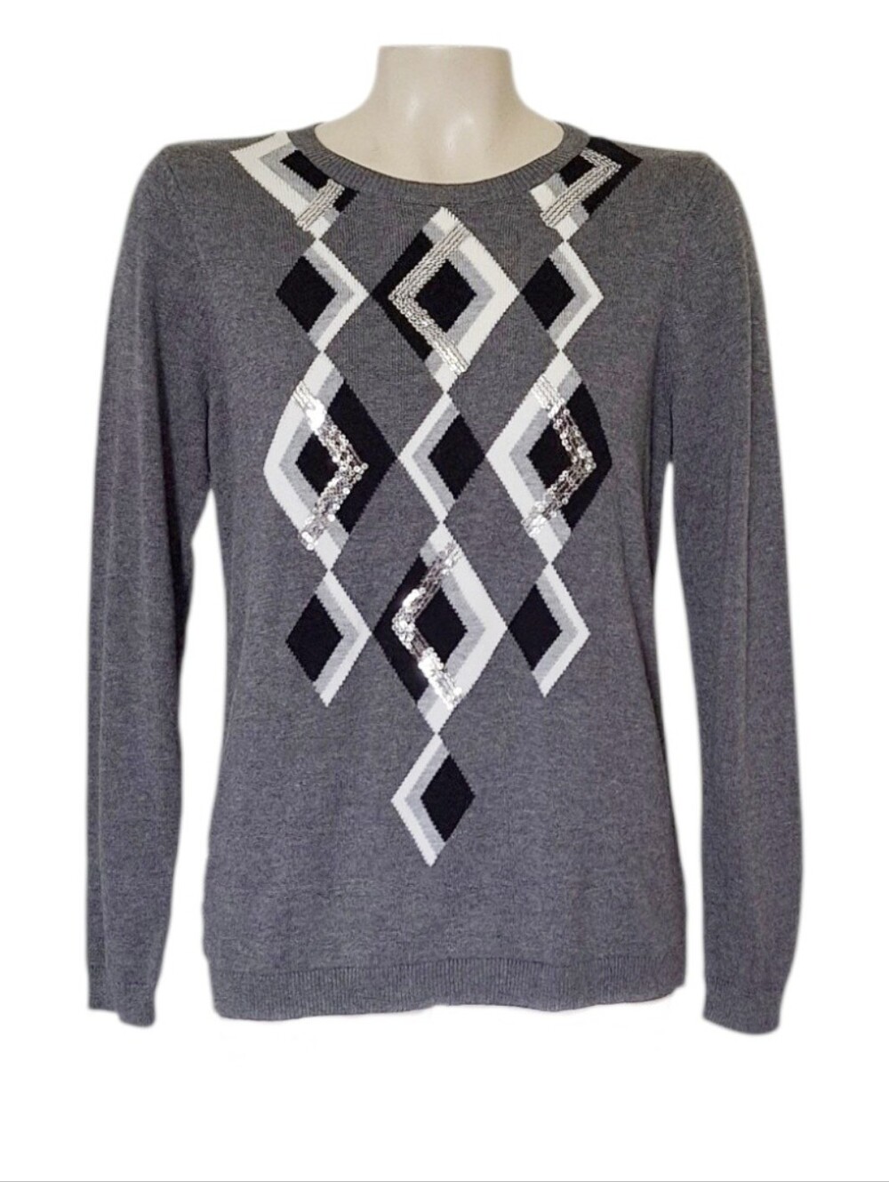 Charter Club Argyle Sequin Sweater Gray Black Geometric M